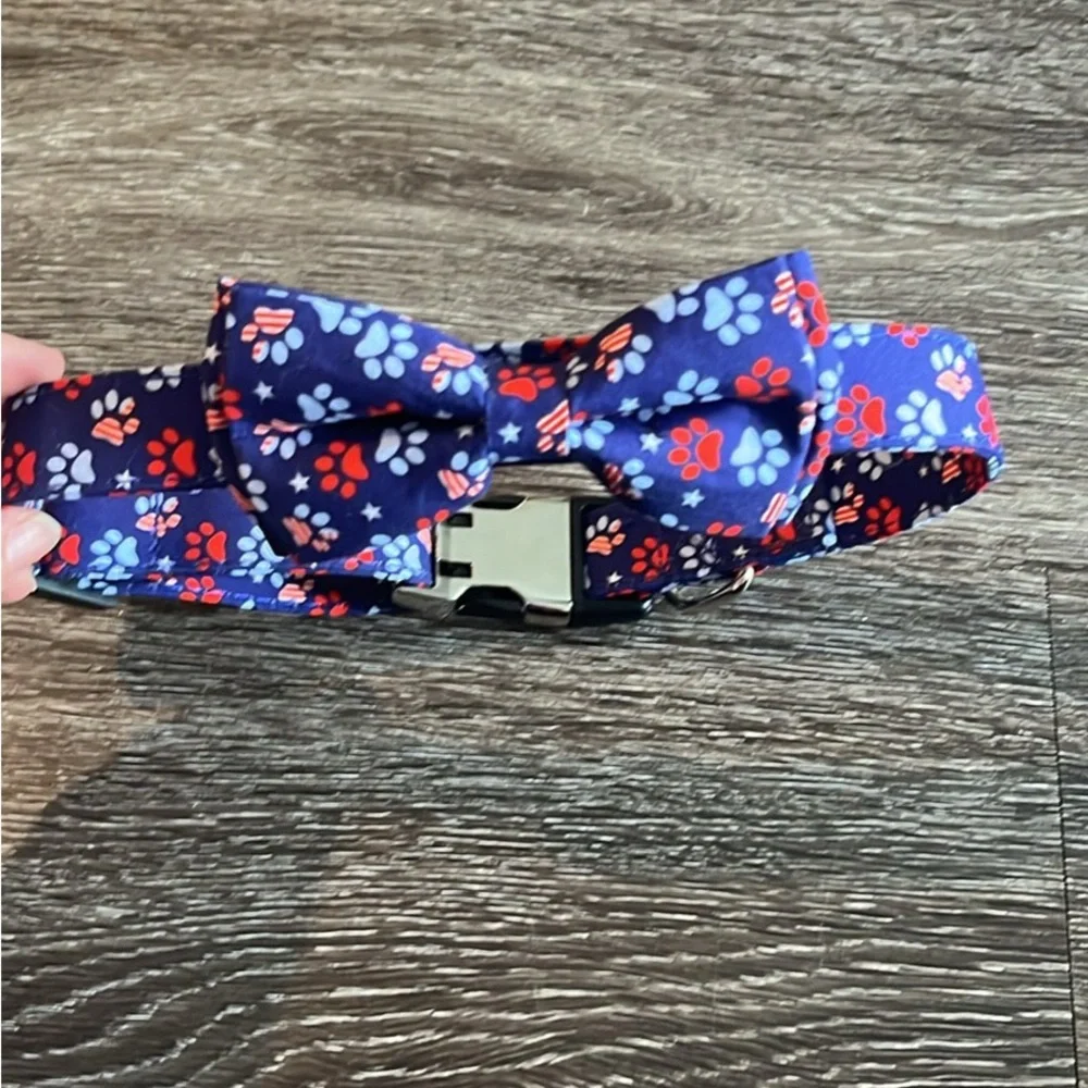 Navy Blue Paw Print Bow Tie Collar